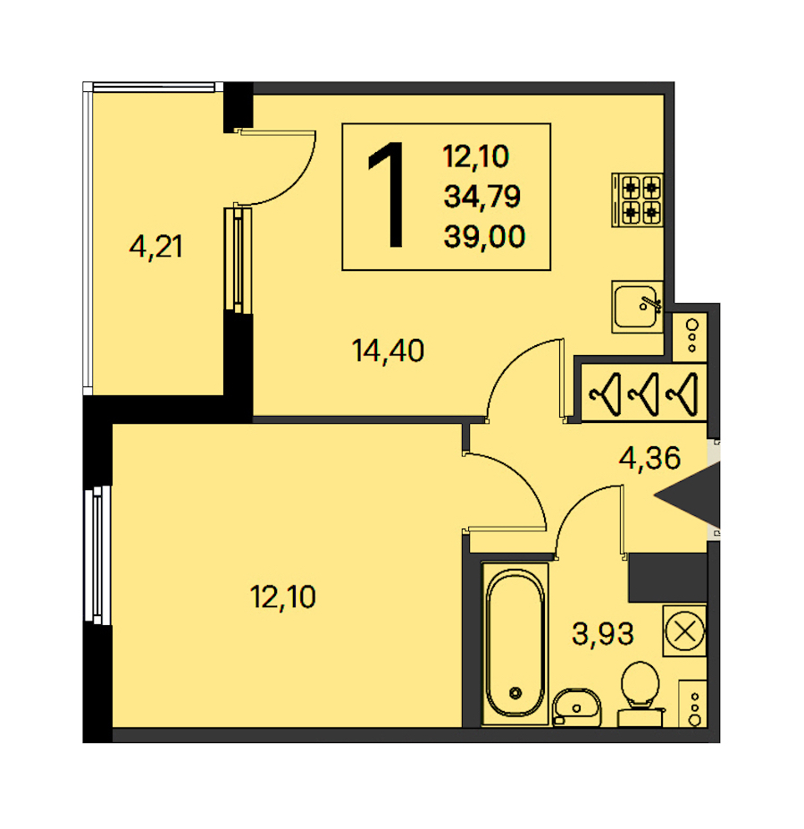 1-комнатная квартира 34.79 м², 3/4 эт., ЖК «Любоград в Стрельне»